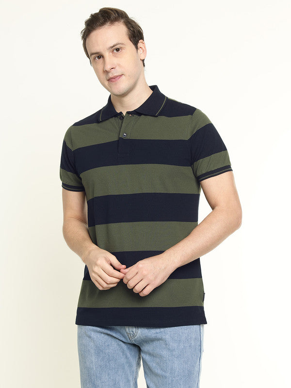 Hancock Men Navy & Olive Striped Bio Finish Pure Cotton Stretch Polo Collar Pique T-shirt