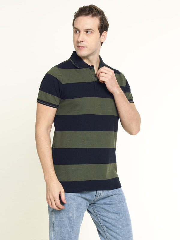 Hancock Men Navy & Olive Striped Bio Finish Pure Cotton Stretch Polo Collar Pique T-shirt