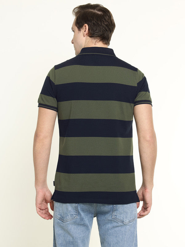 Hancock Men Navy & Olive Striped Bio Finish Pure Cotton Stretch Polo Collar Pique T-shirt