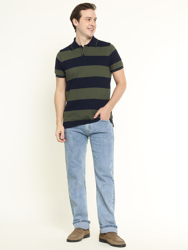 Hancock Men Navy & Olive Striped Bio Finish Pure Cotton Stretch Polo Collar Pique T-shirt