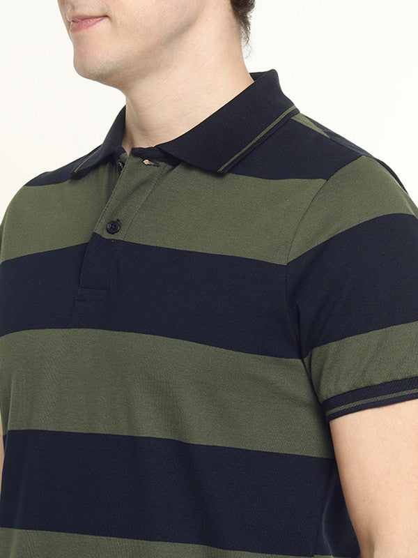 Hancock Men Navy & Olive Striped Bio Finish Pure Cotton Stretch Polo Collar Pique T-shirt