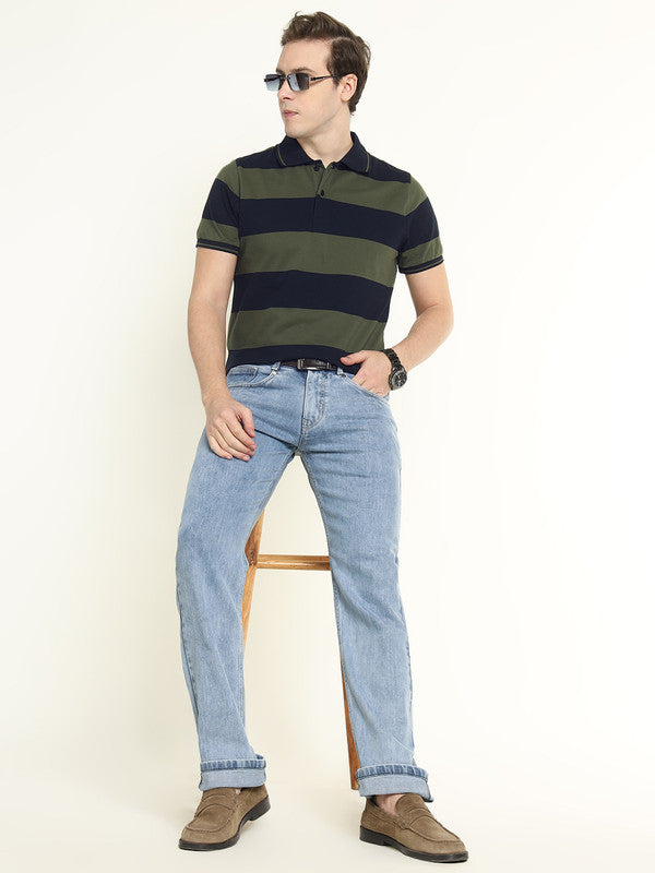 Hancock Men Navy & Olive Striped Bio Finish Pure Cotton Stretch Polo Collar Pique T-shirt