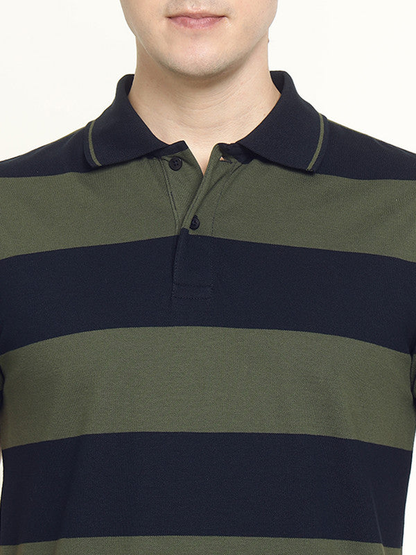 Hancock Men Navy & Olive Striped Bio Finish Pure Cotton Stretch Polo Collar Pique T-shirt