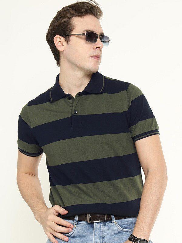 Hancock Men Navy & Olive Striped Bio Finish Pure Cotton Stretch Polo Collar Pique T-shirt