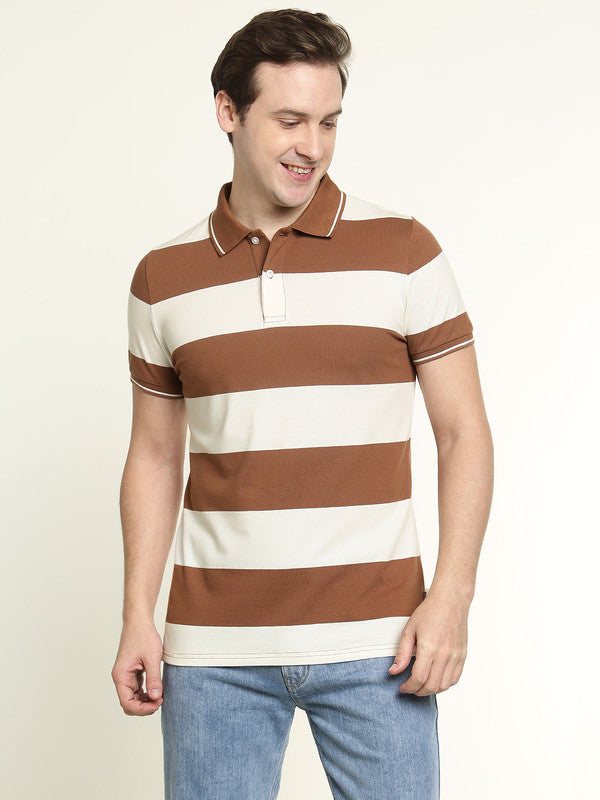 Hancock Men Tan & Cream Striped Bio Finish Pure Cotton Stretch Polo Collar Pique T-shirt
