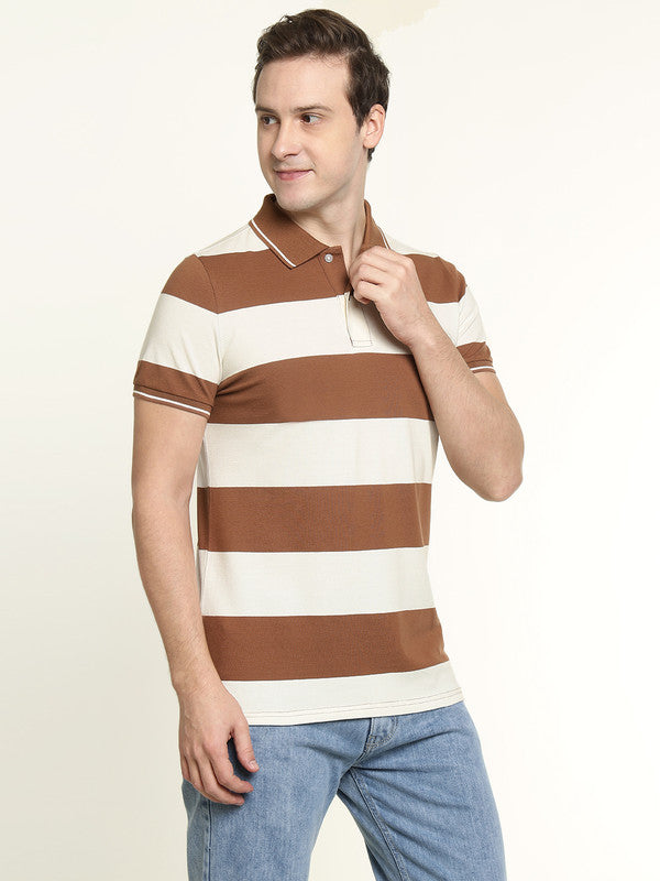 Hancock Men Tan & Cream Striped Bio Finish Pure Cotton Stretch Polo Collar Pique T-shirt