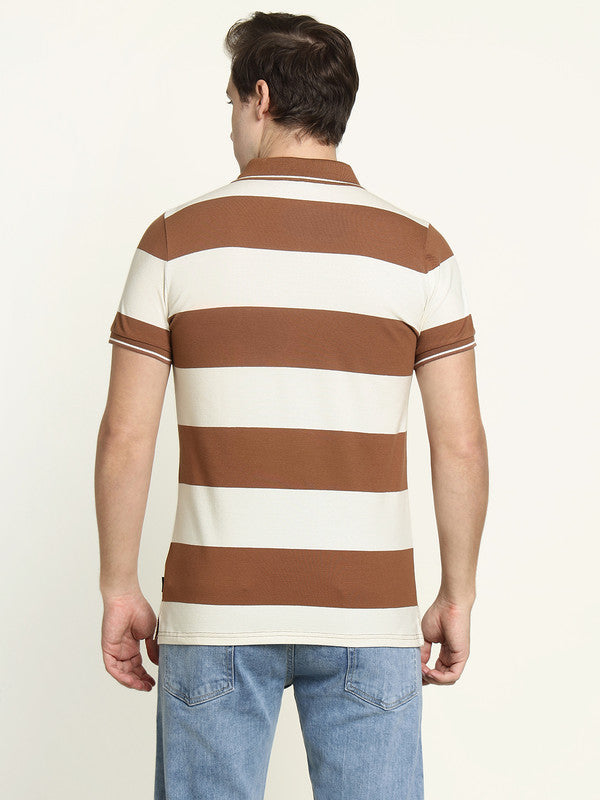 Hancock Men Tan & Cream Striped Bio Finish Pure Cotton Stretch Polo Collar Pique T-shirt