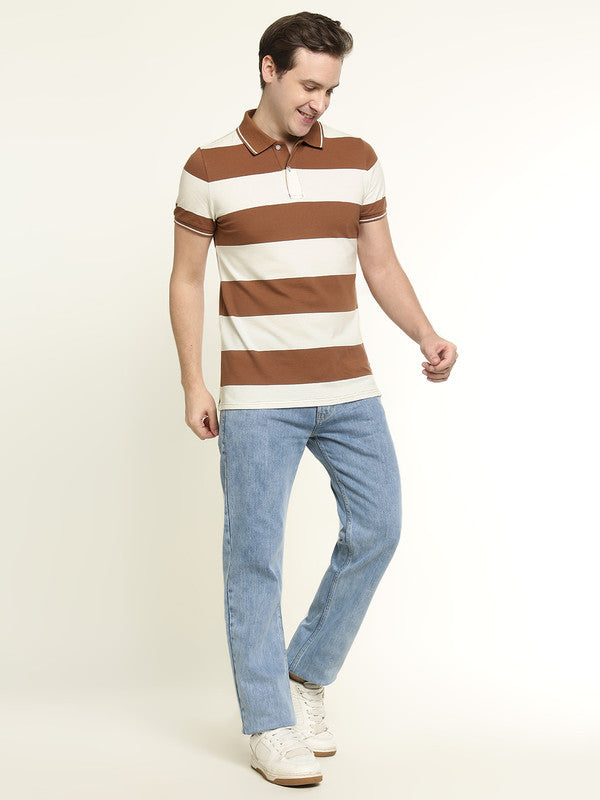 Hancock Men Tan & Cream Striped Bio Finish Pure Cotton Stretch Polo Collar Pique T-shirt