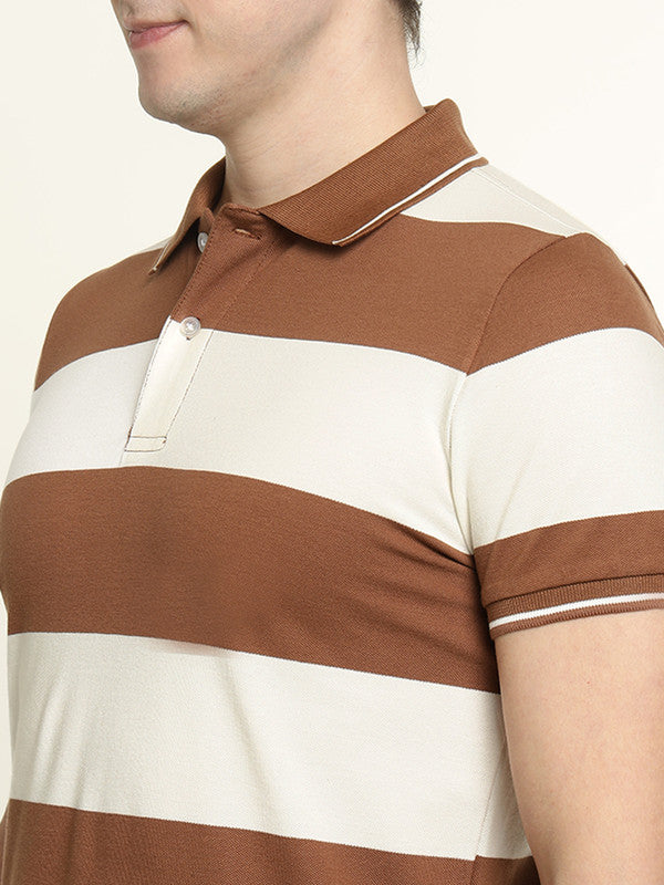 Hancock Men Tan & Cream Striped Bio Finish Pure Cotton Stretch Polo Collar Pique T-shirt