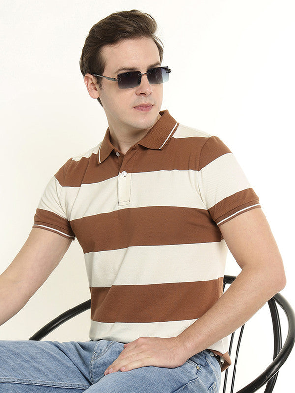 Hancock Men Tan & Cream Striped Bio Finish Pure Cotton Stretch Polo Collar Pique T-shirt