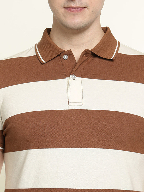 Hancock Men Tan & Cream Striped Bio Finish Pure Cotton Stretch Polo Collar Pique T-shirt