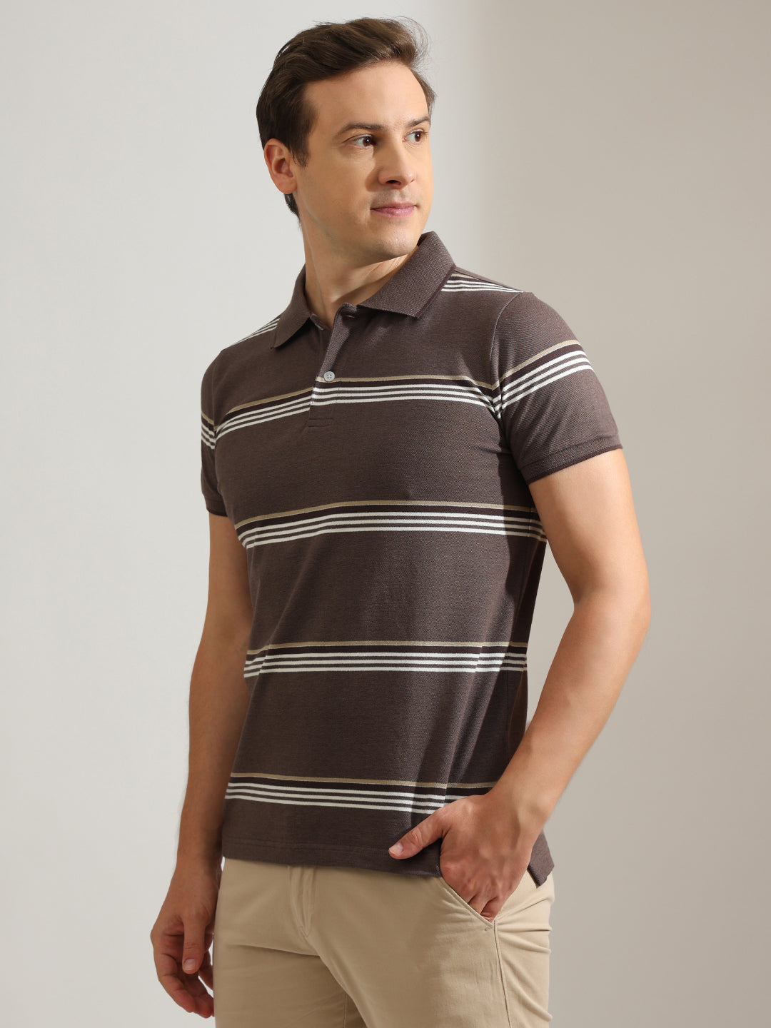 Hancock   Men   Mauve   Stripes   Cotton Elastane   Slim Fit   Casual   TShirt