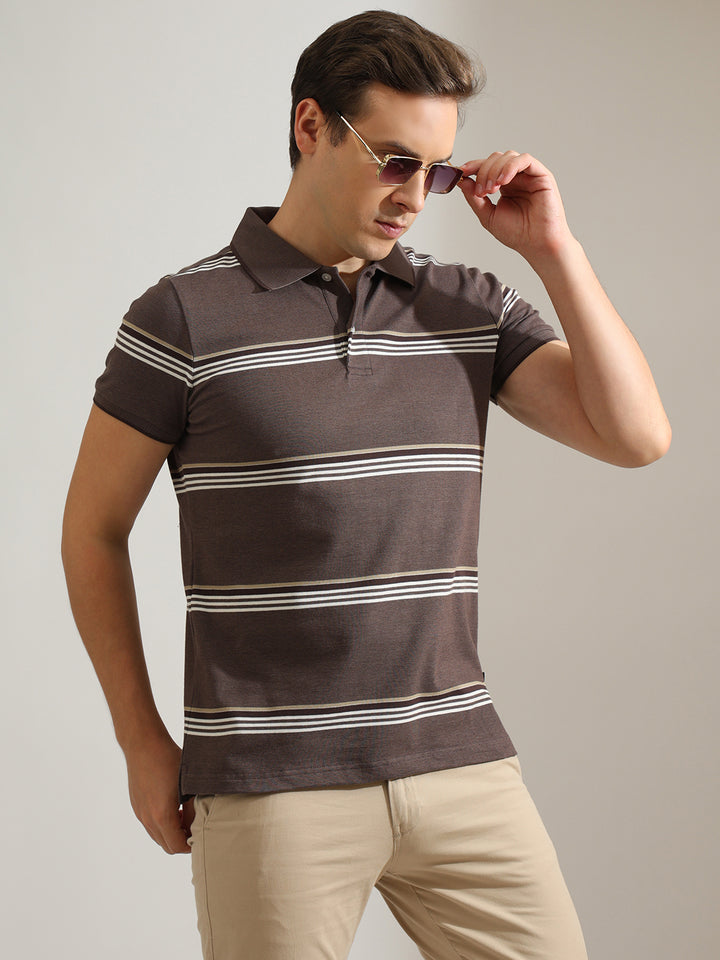 Hancock   Men   Mauve   Stripes   Cotton Elastane   Slim Fit   Casual   TShirt