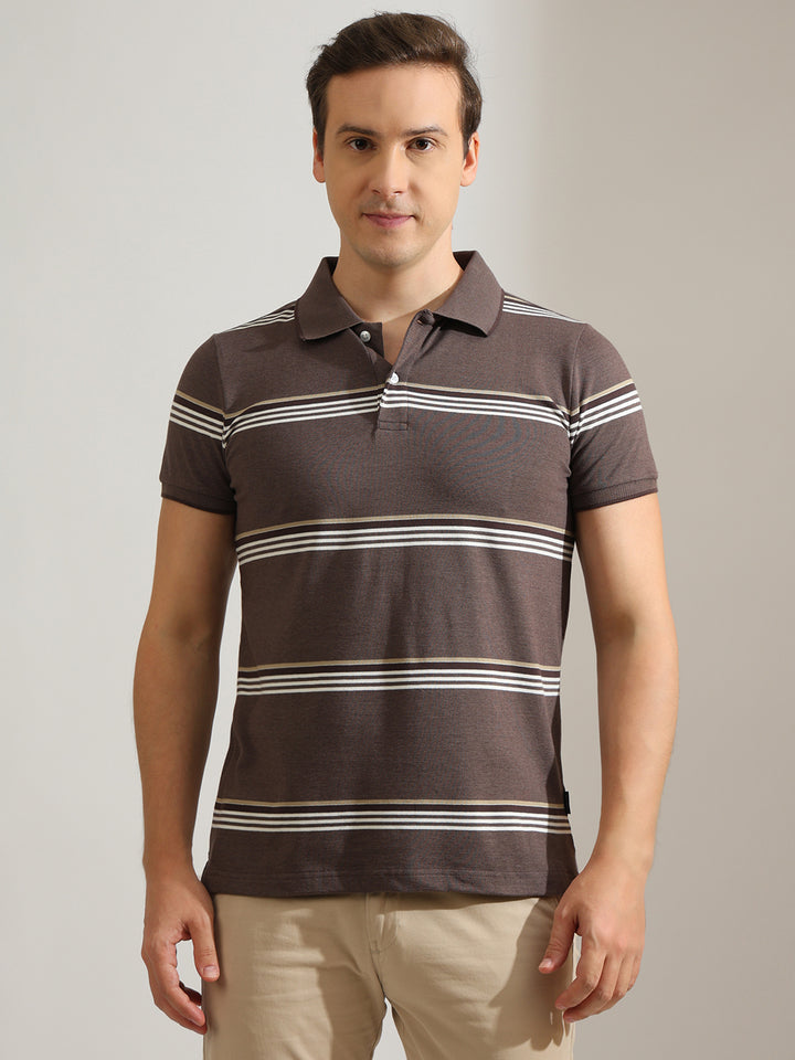 Hancock   Men   Mauve   Stripes   Cotton Elastane   Slim Fit   Casual   TShirt