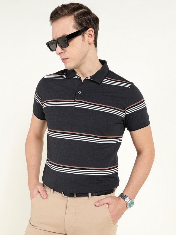 Hancock Men Navy Blue Striped Polo Collar Pure Cotton Stretch Pique Bio Finish Slim Fit T-shirt