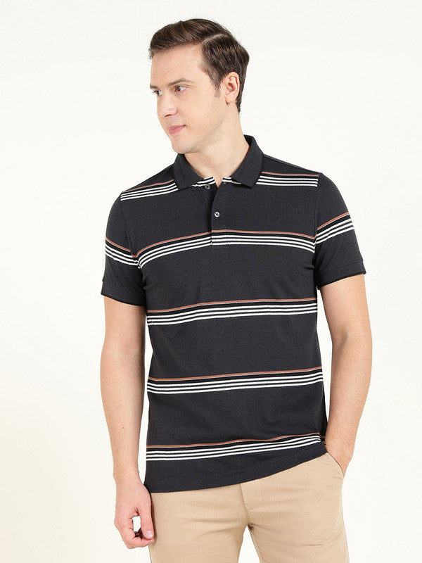 Hancock Men Navy Blue Striped Polo Collar Pure Cotton Stretch Pique Bio Finish Slim Fit T-shirt