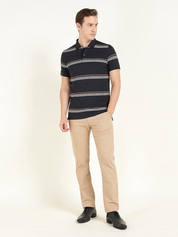 Hancock Men Navy Blue Striped Polo Collar Pure Cotton Stretch Pique Bio Finish Slim Fit T-shirt