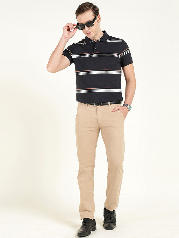 Hancock Men Navy Blue Striped Polo Collar Pure Cotton Stretch Pique Bio Finish Slim Fit T-shirt