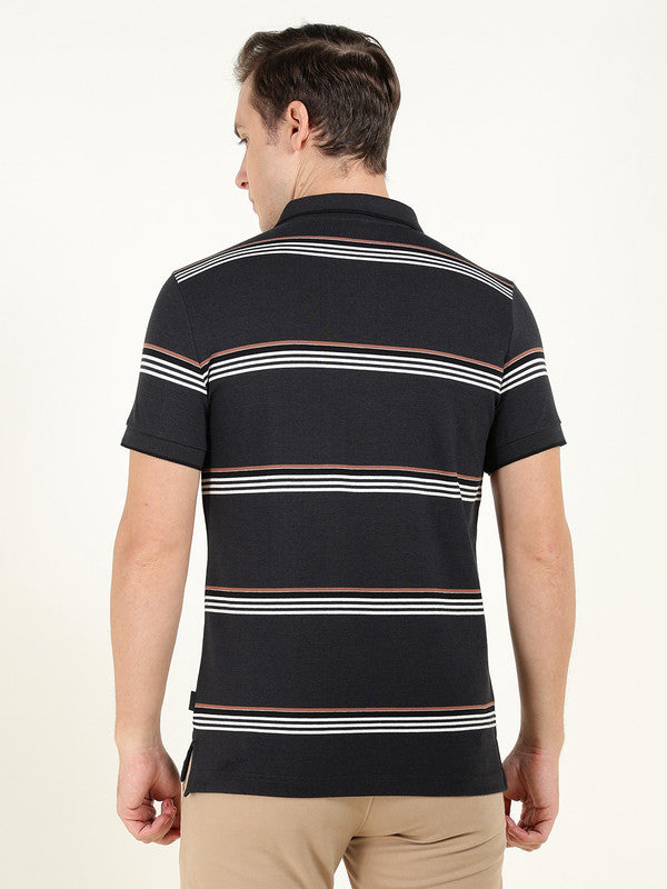 Hancock Men Navy Blue Striped Polo Collar Pure Cotton Stretch Pique Bio Finish Slim Fit T-shirt