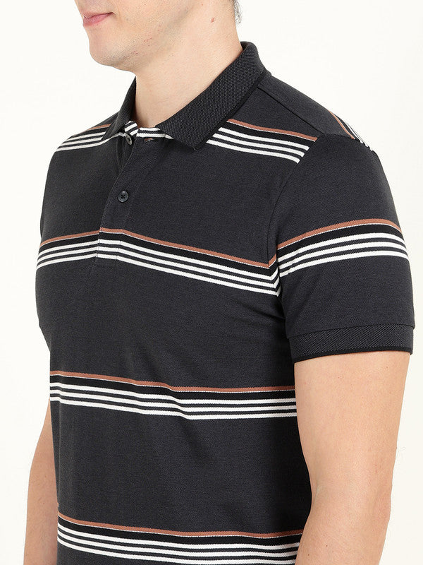 Hancock Men Navy Blue Striped Polo Collar Pure Cotton Stretch Pique Bio Finish Slim Fit T-shirt