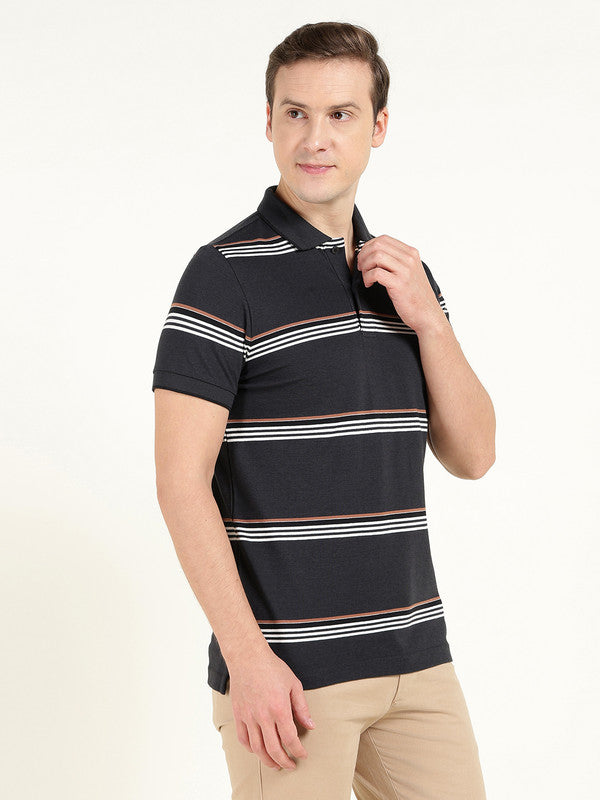 Hancock Men Navy Blue Striped Polo Collar Pure Cotton Stretch Pique Bio Finish Slim Fit T-shirt