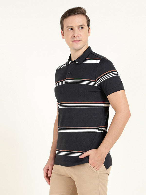Hancock Men Navy Blue Striped Polo Collar Pure Cotton Stretch Pique Bio Finish Slim Fit T-shirt