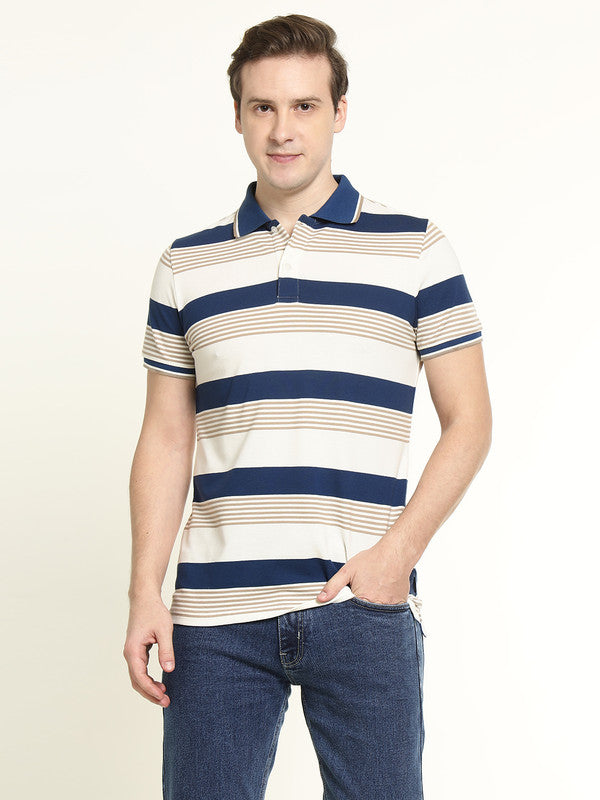 Hancock Men White-Blue Striped Bio Finish Pure Cotton Stretch Polo Collar Pique T-shirt