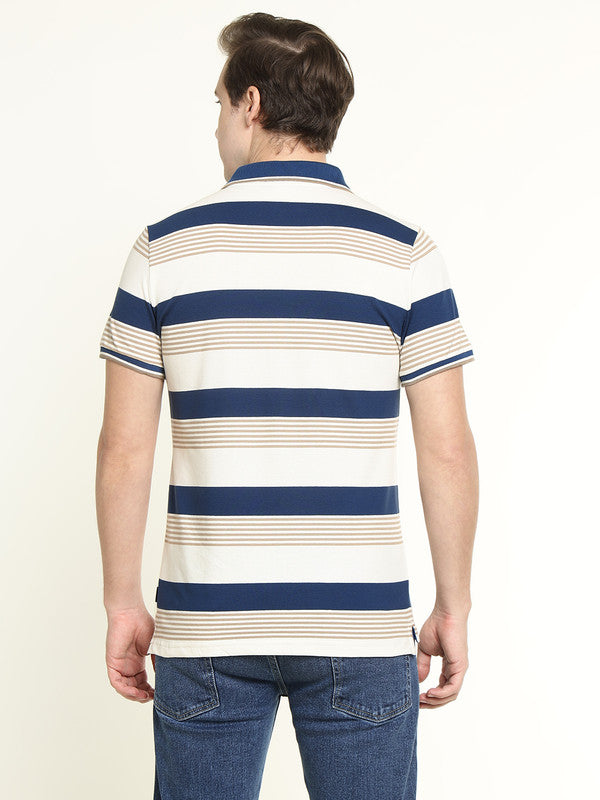 Hancock Men White-Blue Striped Bio Finish Pure Cotton Stretch Polo Collar Pique T-shirt