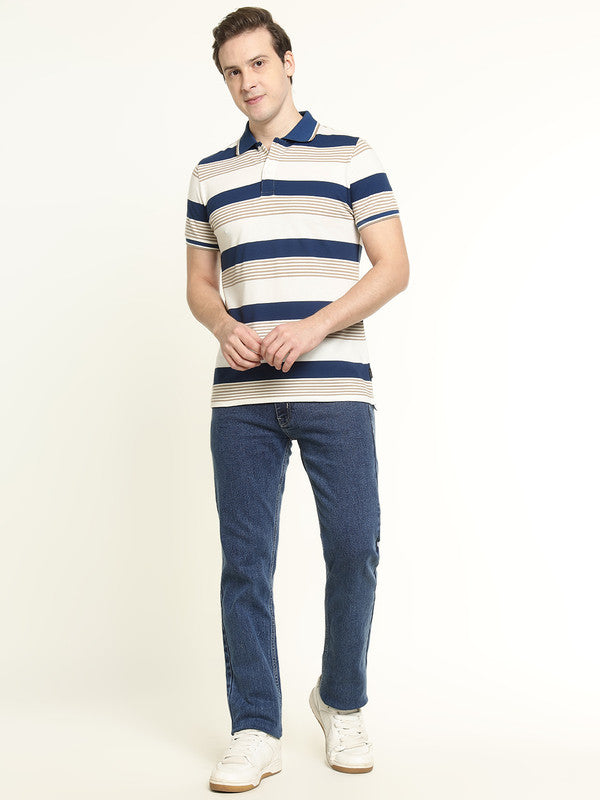 Hancock Men White-Blue Striped Bio Finish Pure Cotton Stretch Polo Collar Pique T-shirt