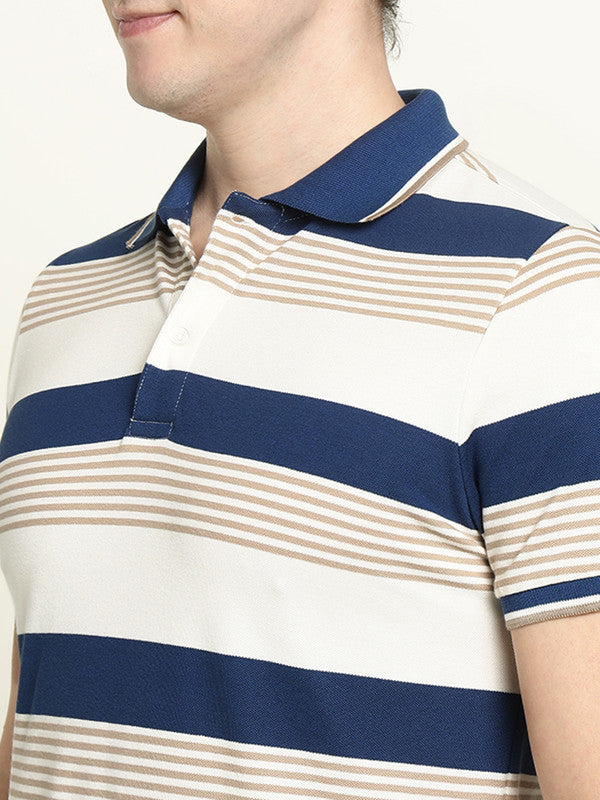 Hancock Men White-Blue Striped Bio Finish Pure Cotton Stretch Polo Collar Pique T-shirt
