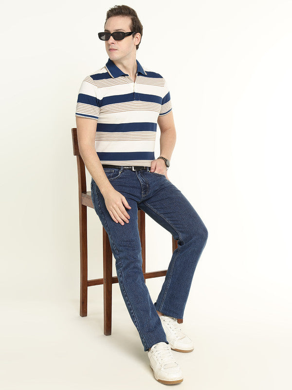 Hancock Men White-Blue Striped Bio Finish Pure Cotton Stretch Polo Collar Pique T-shirt