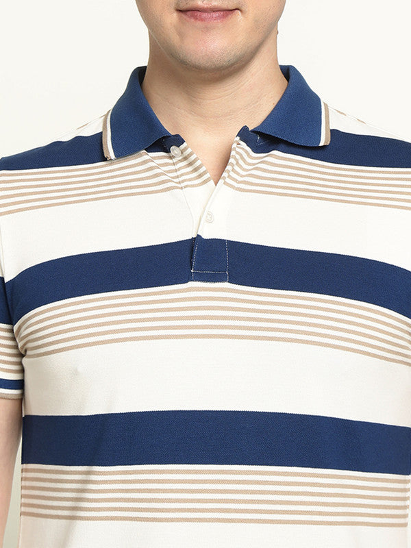 Hancock Men White-Blue Striped Bio Finish Pure Cotton Stretch Polo Collar Pique T-shirt
