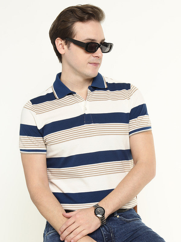 Hancock Men White-Blue Striped Bio Finish Pure Cotton Stretch Polo Collar Pique T-shirt