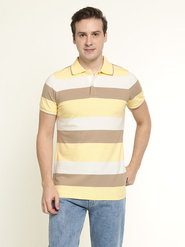 Hancock Men Yellow-White Striped Bio Finish Pure Cotton Stretch Polo Collar Pique T-shirt