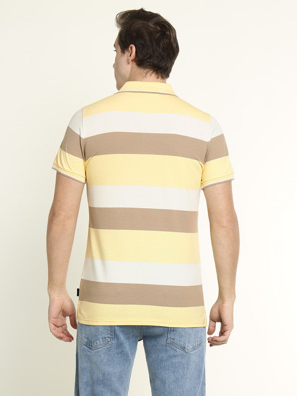 Hancock Men Yellow-White Striped Bio Finish Pure Cotton Stretch Polo Collar Pique T-shirt