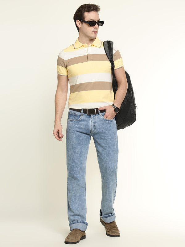 Hancock Men Yellow-White Striped Bio Finish Pure Cotton Stretch Polo Collar Pique T-shirt