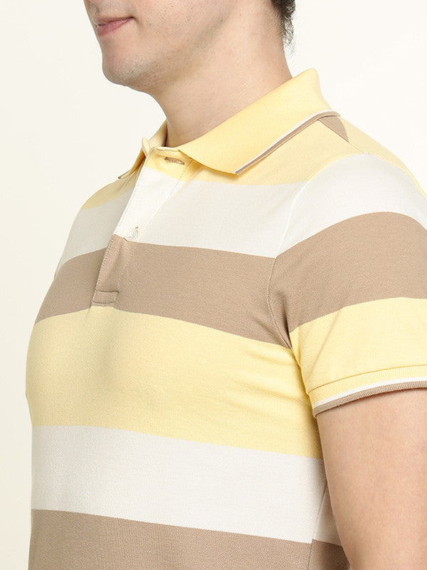 Hancock Men Yellow-White Striped Bio Finish Pure Cotton Stretch Polo Collar Pique T-shirt
