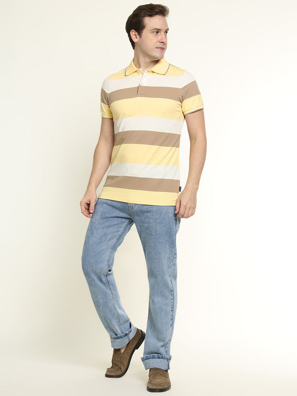 Hancock Men Yellow-White Striped Bio Finish Pure Cotton Stretch Polo Collar Pique T-shirt