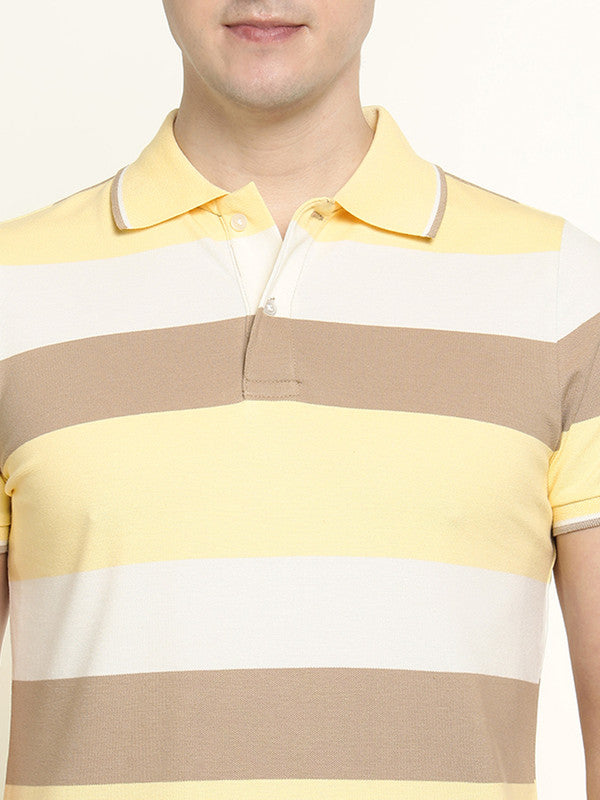 Hancock Men Yellow-White Striped Bio Finish Pure Cotton Stretch Polo Collar Pique T-shirt