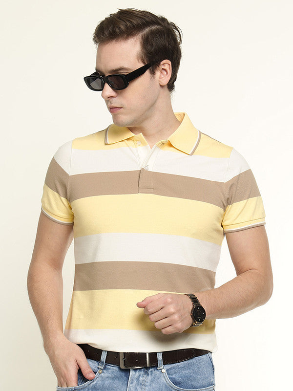 Hancock Men Yellow-White Striped Bio Finish Pure Cotton Stretch Polo Collar Pique T-shirt