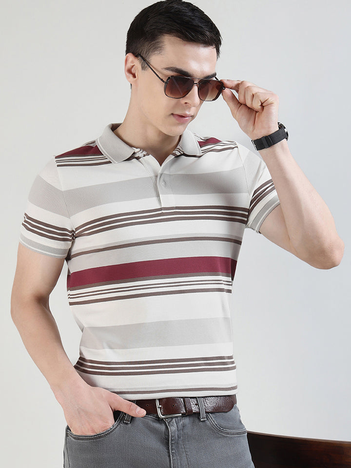 Hancock   Men   White & Maroon   Stripes   Pure Cotton Stretch   Slim Fit   Casual   TShirt