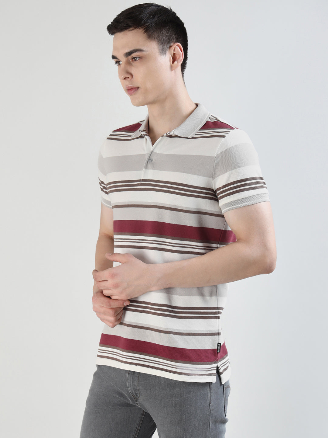 Hancock   Men   White & Maroon   Stripes   Pure Cotton Stretch   Slim Fit   Casual   TShirt