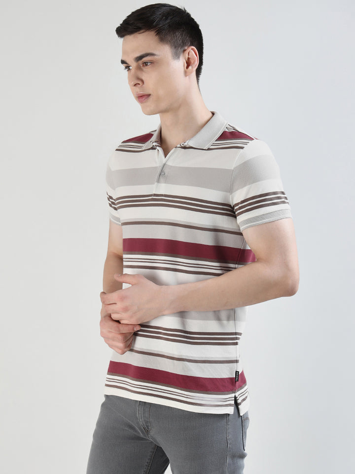 Hancock   Men   White & Maroon   Stripes   Pure Cotton Stretch   Slim Fit   Casual   TShirt