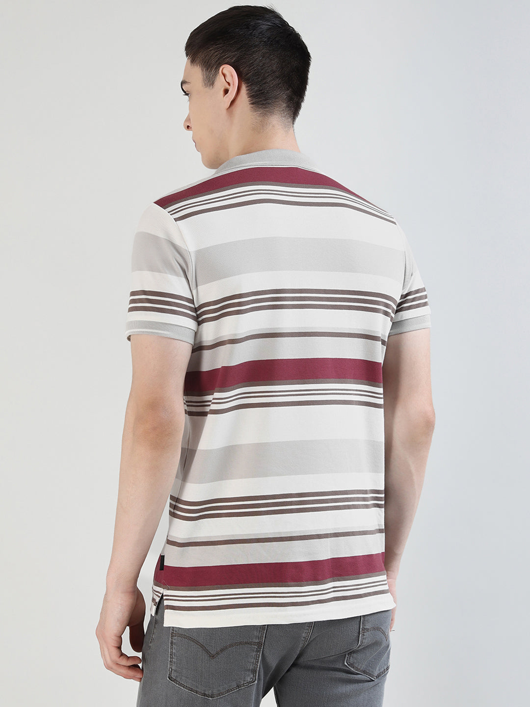 Hancock   Men   White & Maroon   Stripes   Pure Cotton Stretch   Slim Fit   Casual   TShirt