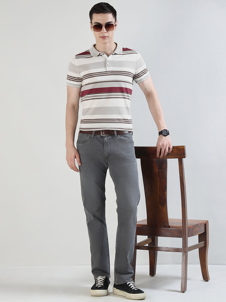 Hancock   Men   White & Maroon   Stripes   Pure Cotton Stretch   Slim Fit   Casual   TShirt