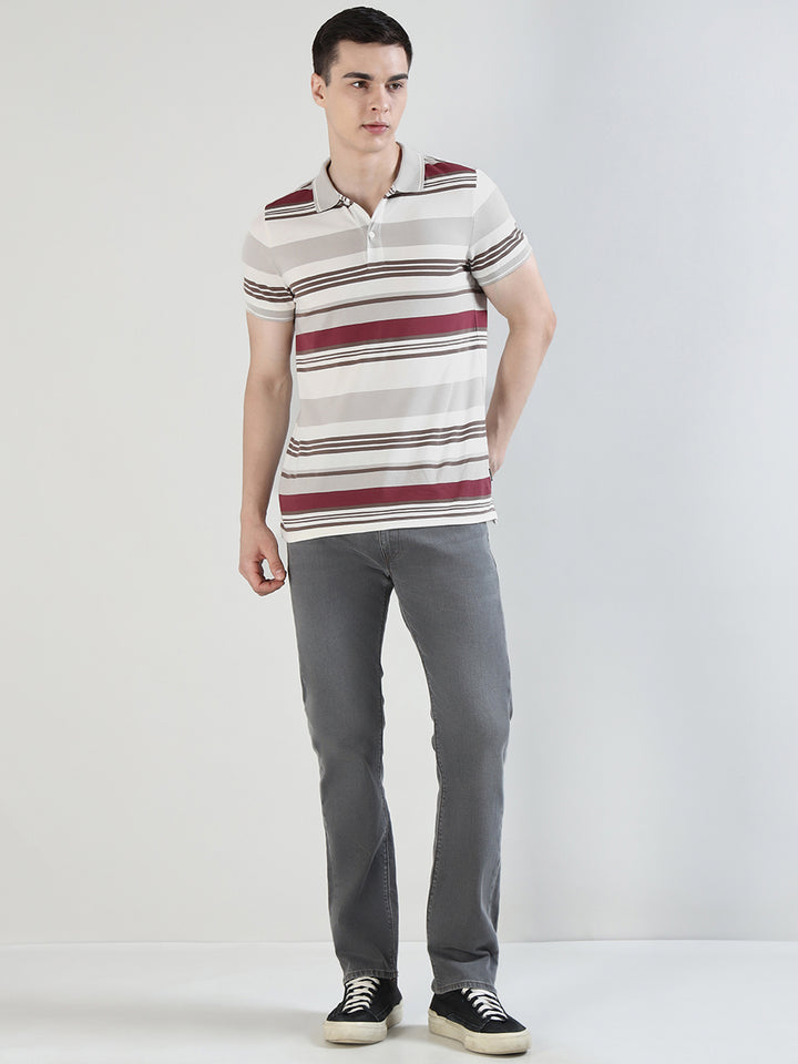 Hancock   Men   White & Maroon   Stripes   Pure Cotton Stretch   Slim Fit   Casual   TShirt