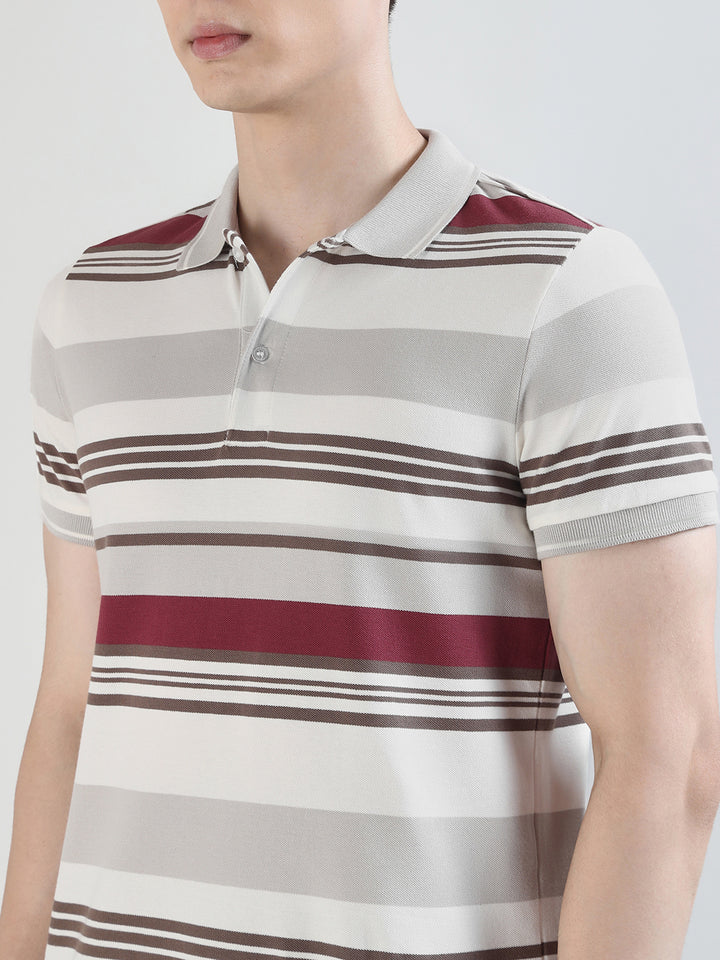 Hancock   Men   White & Maroon   Stripes   Pure Cotton Stretch   Slim Fit   Casual   TShirt