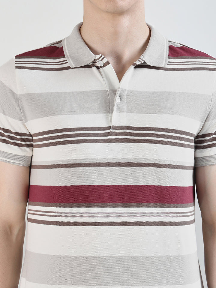 Hancock   Men   White & Maroon   Stripes   Pure Cotton Stretch   Slim Fit   Casual   TShirt