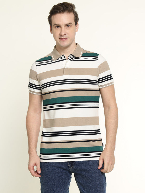 Hancock Men White-Green Striped Bio Finish Pure Cotton Stretch Polo Collar Pique T-shirt