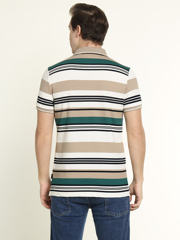 Hancock Men White-Green Striped Bio Finish Pure Cotton Stretch Polo Collar Pique T-shirt